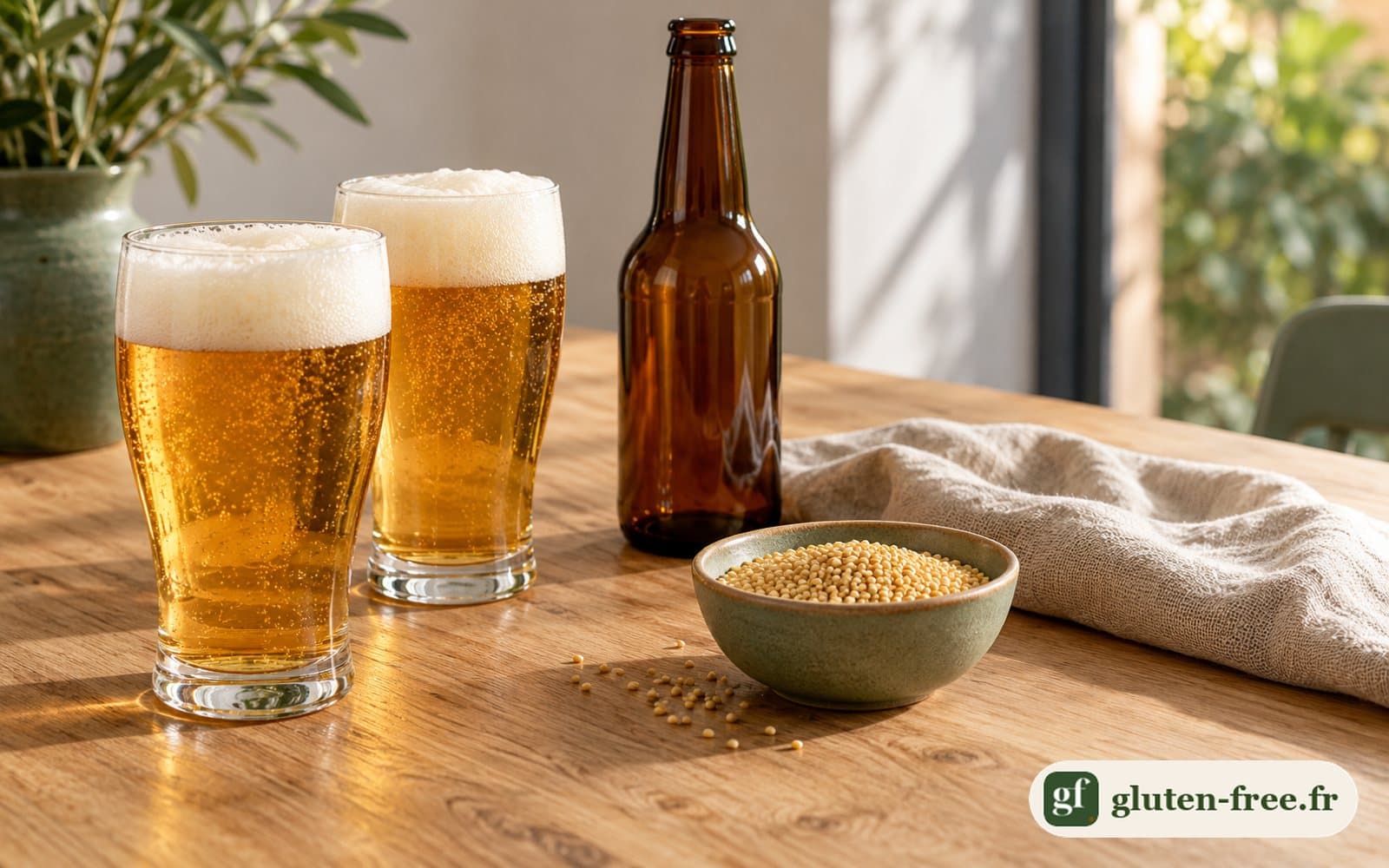 Deux verres de bière blonde dorée à la mousse épaisse, une bouteille brune sans étiquette et un bol de millet sur une table en bois