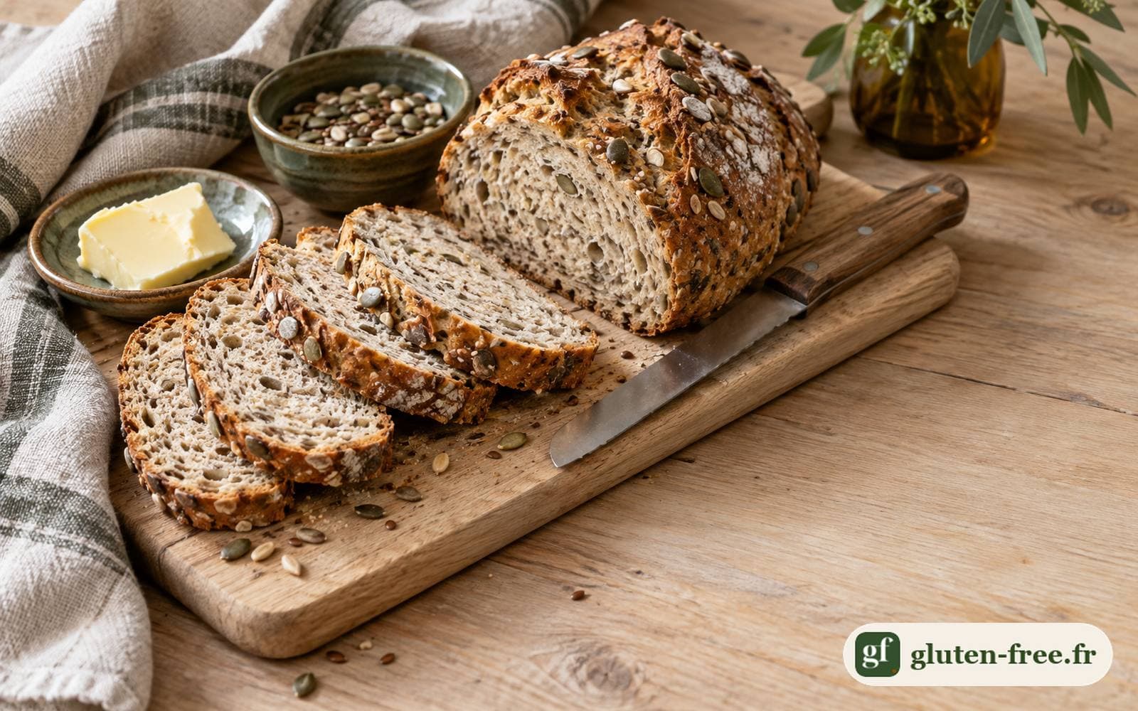 Tranches de pain sans gluten aux graines sur une planche en bois clair, avec du beurre, un couteau à pain et un torchon en lin.