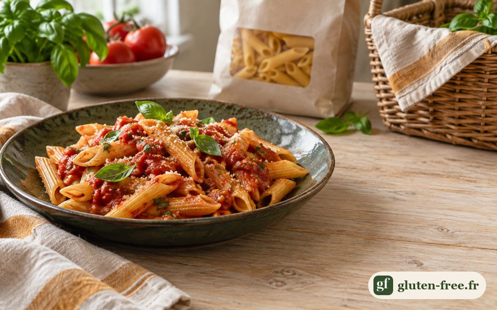 Assiette de penne sans gluten à la sauce tomate et au basilic, paquet de pâtes neutre et panier de courses en osier sur une table en bois clair.