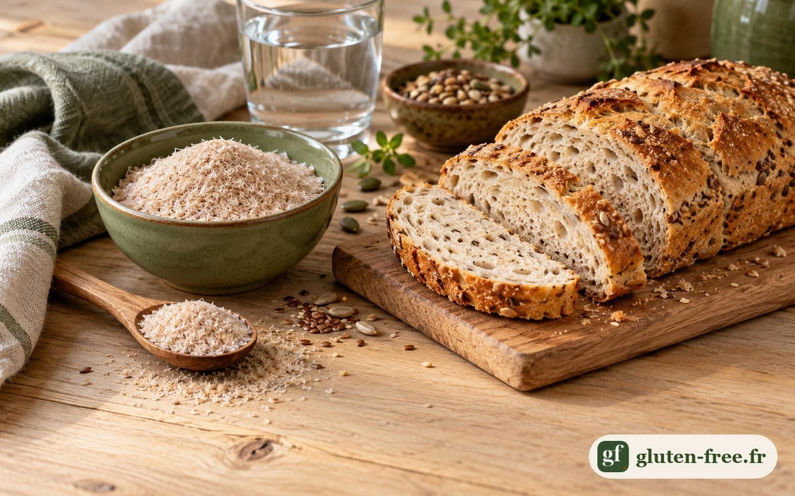 Un bol de psyllium blond en téguments posé à côté d'un pain sans gluten tranché sur une planche en bois