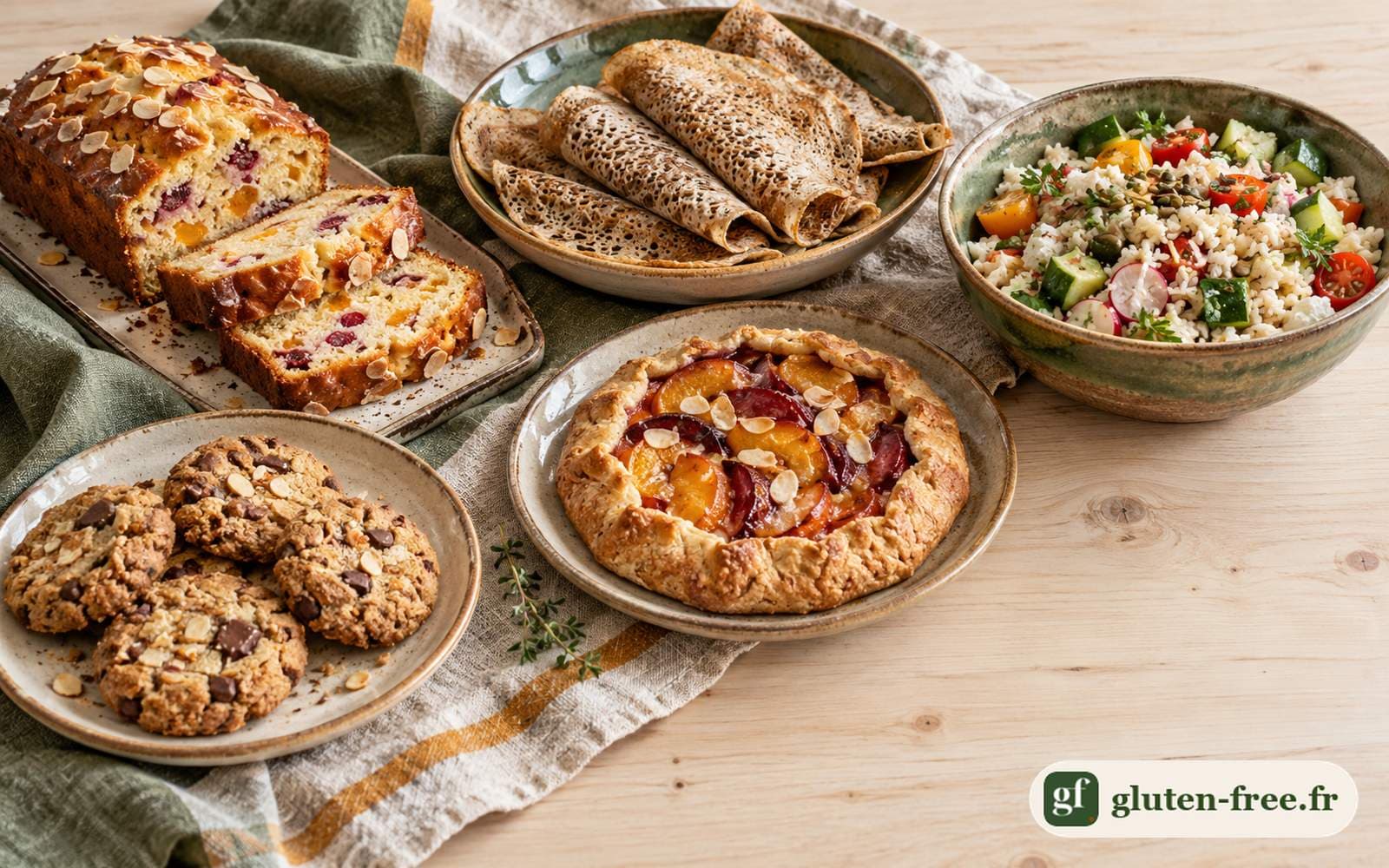 Table en bois clair avec un cake aux fruits tranché, des cookies, des galettes de sarrasin roulées, une tarte rustique et une salade de riz.