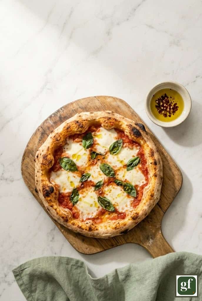 Pizza margherita sans gluten dorée, mozzarella fondante et basilic frais